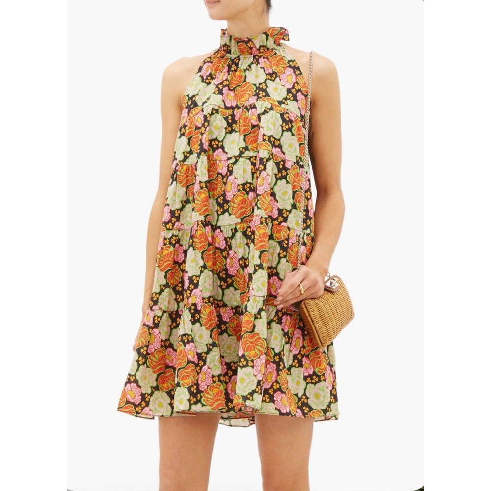 RHODE Billy Poplin Tiered Full Circle Floral Print High Neck Tiered Mini Dress